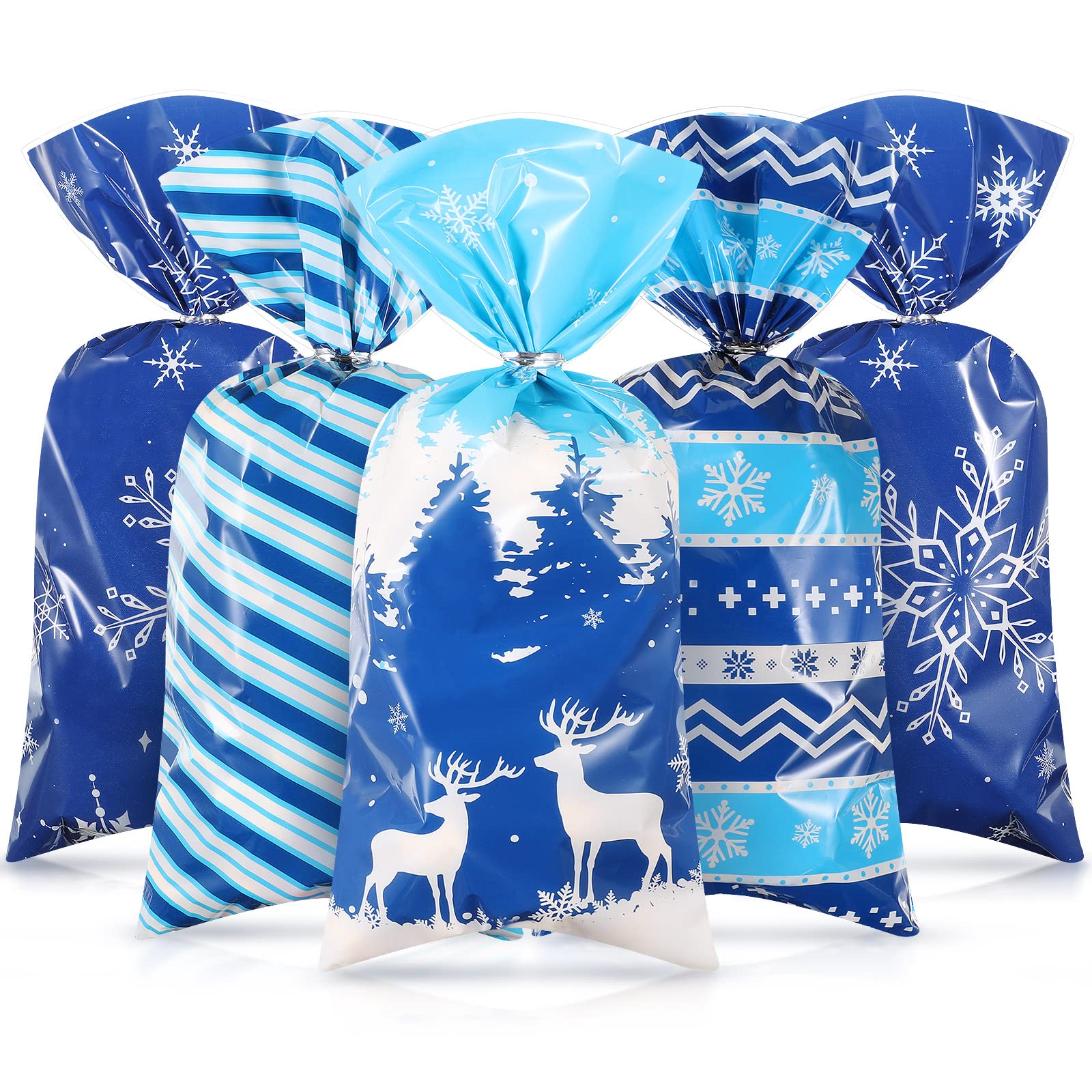 Photo 1 of 120 Pieces Winter Cellophane Candy Bags Winter Snowflake Plastic Cookie Cello Bags Blue Snowflake Theme Holiday Goodie Treat Bags with 100 Twist Ties for Birthday Baby Shower Party Favor Supplies