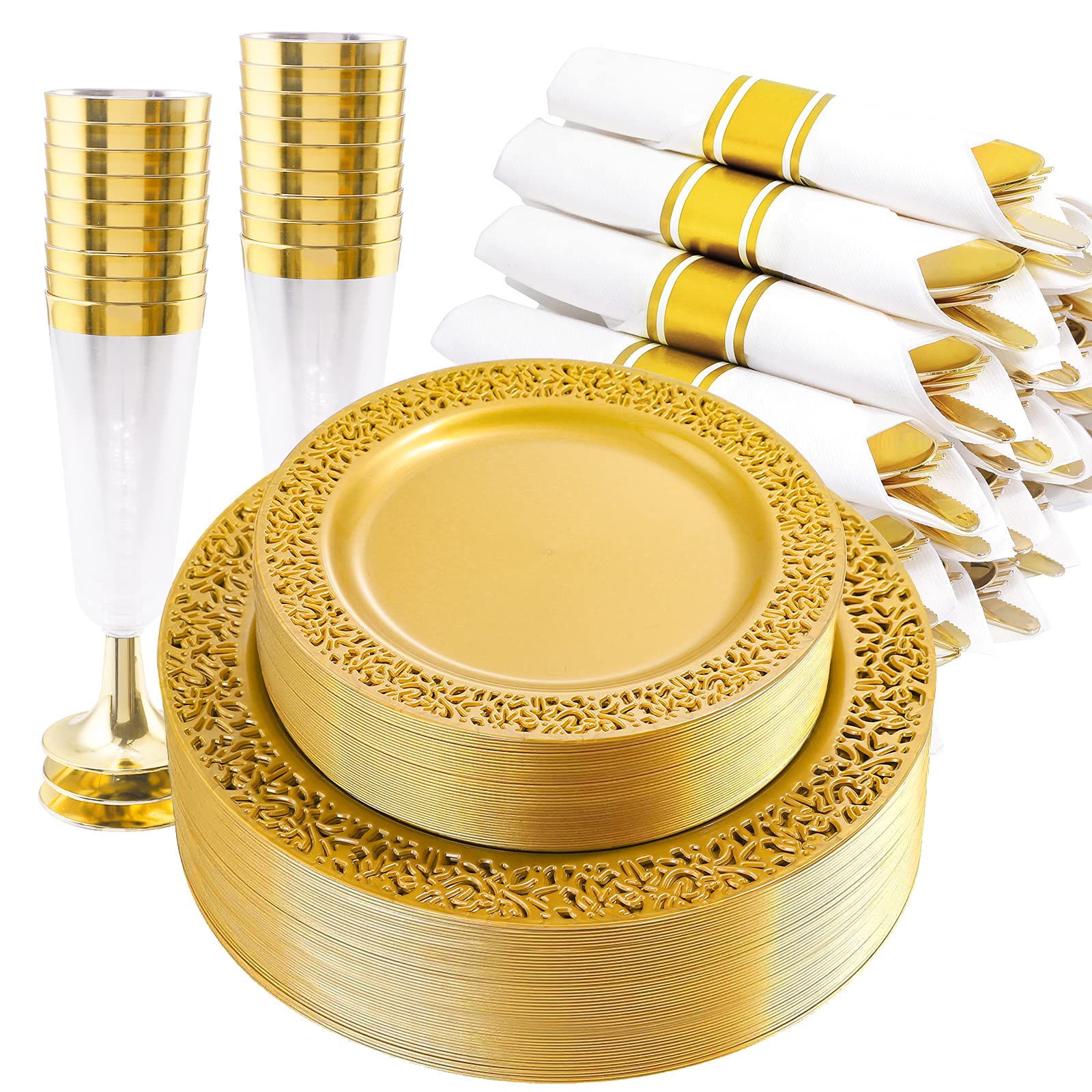 Photo 1 of DaYammi 210PCS Solid Gold Disposable Plates with Gold Plastic Silverware and Cups for Party, Plastic Plates Include: 30 Dinner Plates 30 Dessert Platos 30 Rolled Napkins with Cutlery 30 Cups