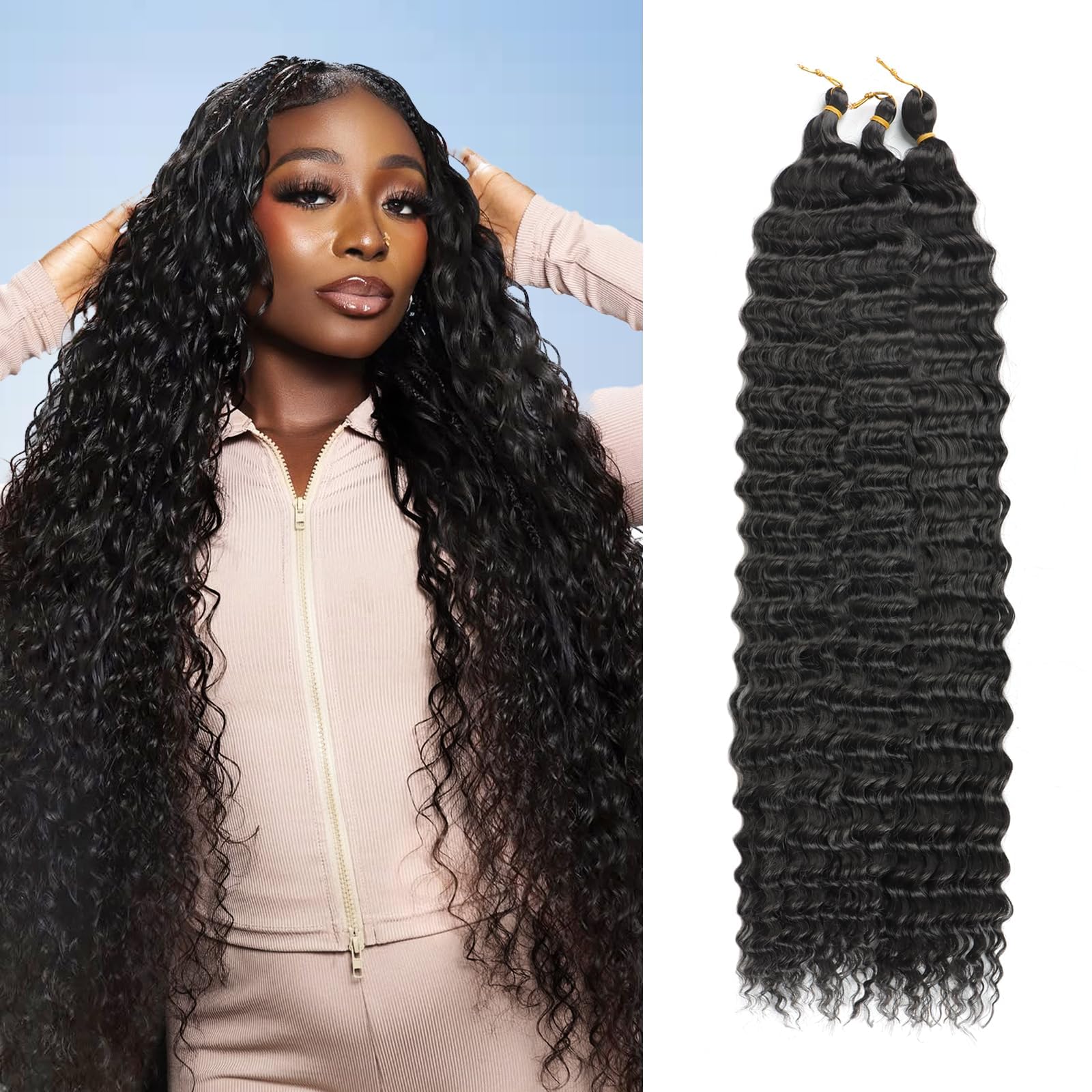 Alaleibaby Ocean Wave Crochet Hair 22 inch Deep Wave Crochet Hair 3 Packs boho hair for braiding Hair Extensions curly Braiding Hair for Black Women water wave crochet hair (1B, 22 Inch(Pack of 3)) — image 1