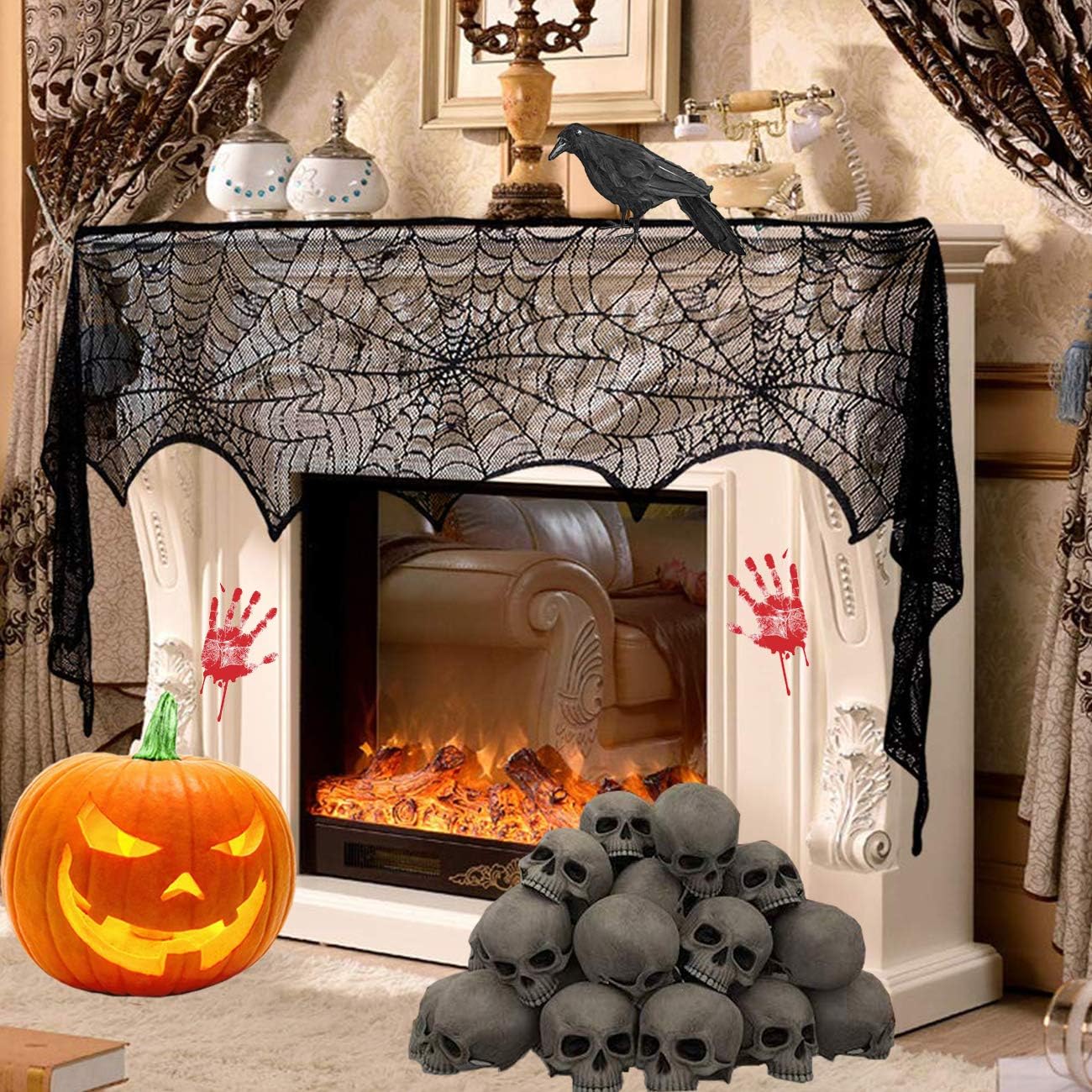 Sunnyglade Halloween 18"x96" Lace Spiderweb Fireplace Mantle Cover Fireplace Scarf & 54"x72" Rectangular Black Spider Web Lace Tablecloth, Festive Party Halloween Supplies: Kitchen & Dining