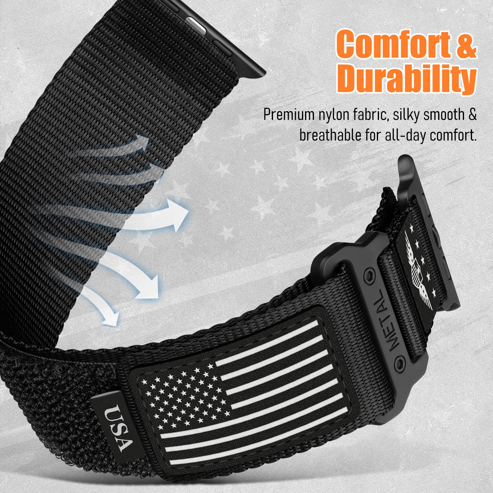 Rugged Nylon for Apple Watch Ultra 2 Band 49mm iWatch Bands 46mm 45mm 44mm 42mm Men,Soft Woven Adjustable Stars-Stripes Flag Wristbands Strap for Apple Watch Ultra Series 10/9/8/7/6/5/4/3/SE/Ultra2