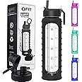 FIT Strong & Healthy 32 oz Glass Water Bottle with Straw Lid, Time Marker, Sleeve & Extra Lid - Motivational, Wide Mouth, Large BPA-Free 1 Liter Glass Drinking Bottle