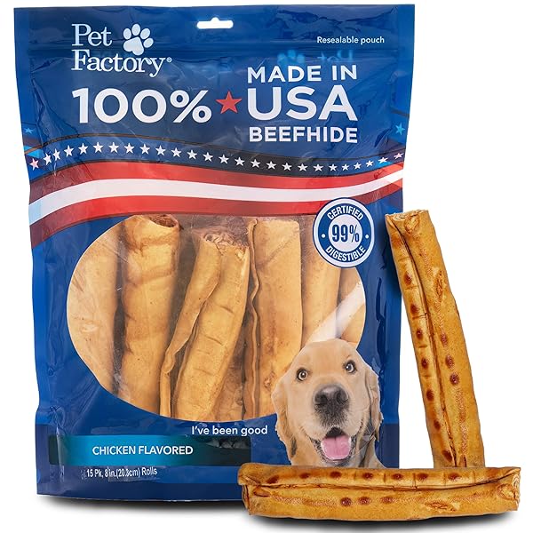 PET FACTORY 100% MADE IN USA BEEFHIDE 8″ ROLLS DOG CHEW TREATS – CHICKEN FLAVOR, 15 COUNT/1 PACK