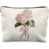 KBRCT Coquette Pink Bow Hydrangea Floral Makeup Bag for Women, Cottagecore Botanical Pink Flower Floral Cosmetic Bag for Purse, Preppy Girly Makeup Zipper Pouch