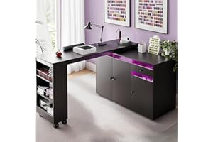 HolaiNail L-Shaped Manicure Table with Dust Collector, Nail Tech Desk with Storage Cabinet, Drawer, Rotating & Convertible Nail Workstation with LED Light, Black