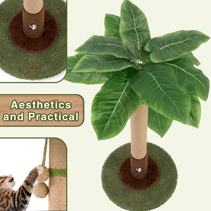 Tiragraffi per gatti alto 89 cm, con foro per topi e corda in sisal, per adulti, gatti e gattini, con giocattolo per gatti e palla da appendere, per gatti da interni (verde)