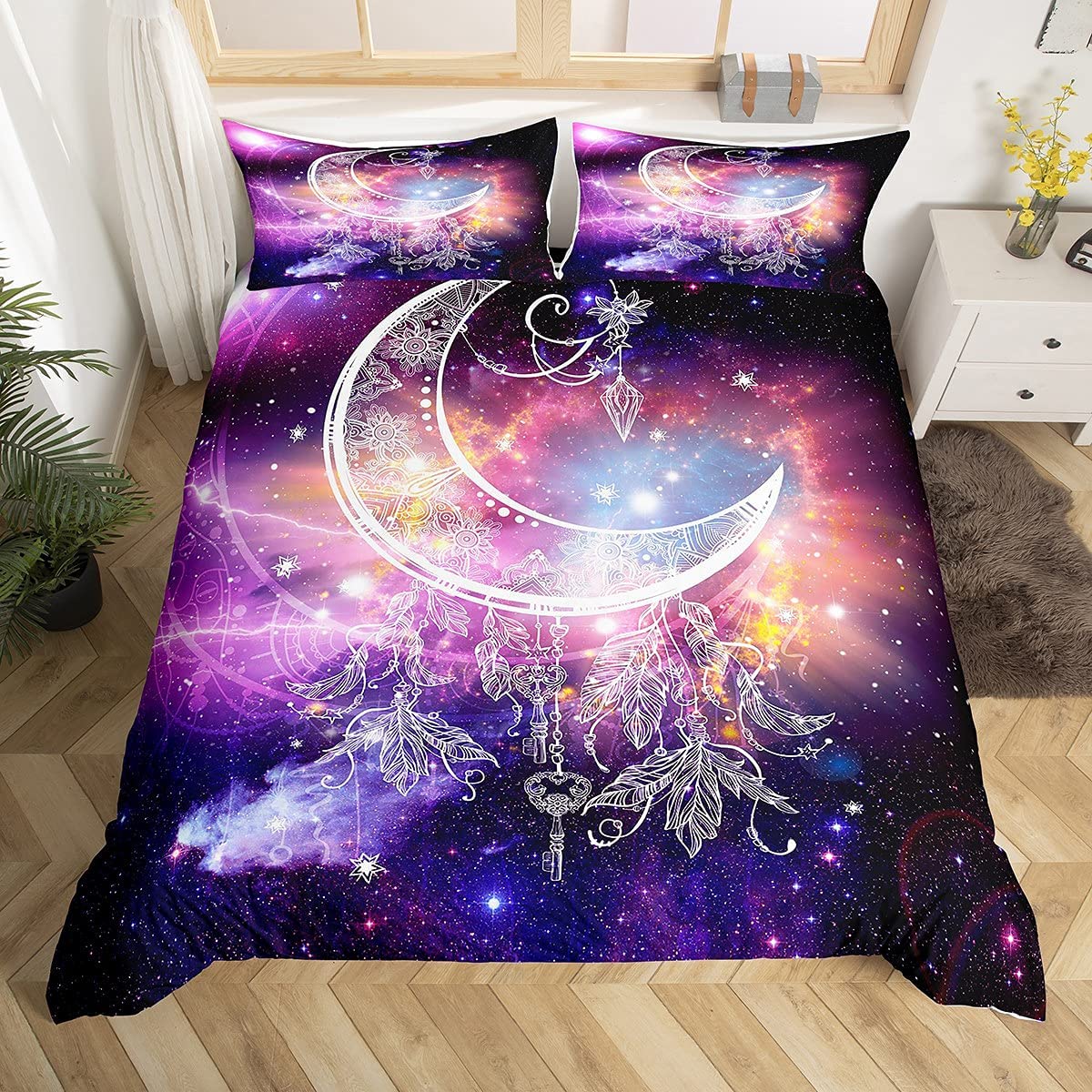 Galaxy Comforter Cover Set Mandala Printed Boho Exotic Bedding Set with Zipper Ties Dreamcatcher Decor Bohemian Adult Women Duvet Cover Set Purple Mandala Universe Starry Sky Comforter Cover — image 1