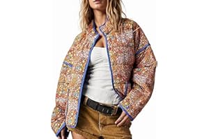 Aimiray Women's Cropped Floral Puffer Jacket Cardigan Printed Lightweight Open Front Padded Quilted Coats