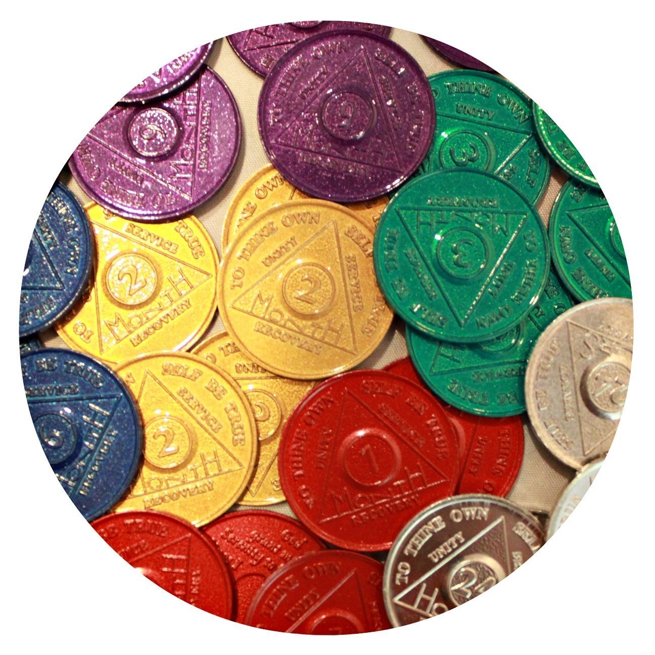 30 AA Tokens Medallions Chips Sobriety Bulk Lot Aluminum - 5 Each 1 2 3 6 9 Month & 24 Hour Wen Hours Alcoholics Anonymous