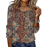 Zeagoo 3/4 Length Sleeve Womens Tops Round Neck Casual Summer Tunic Tops Basic Tees Blouses Dressy T-Shirts Pleated Shirts