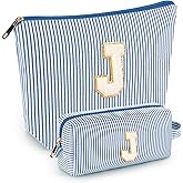 2 PCS Initial Makeup Bags for Women: Cosmetic Bag for Travel Toiletry - Birthday Gifts for 11 12 13 14 15 16 17 18 Years Old Girl Graduation Teacher Gift- Teen Girl Gifts Trendy Stuff - Blue J