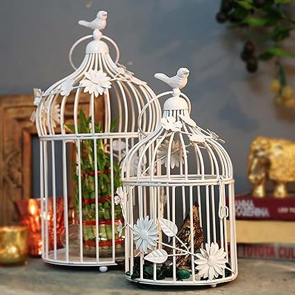 GIG Handicrafts Bird Cage with Floral Vine(White)-Set of 2