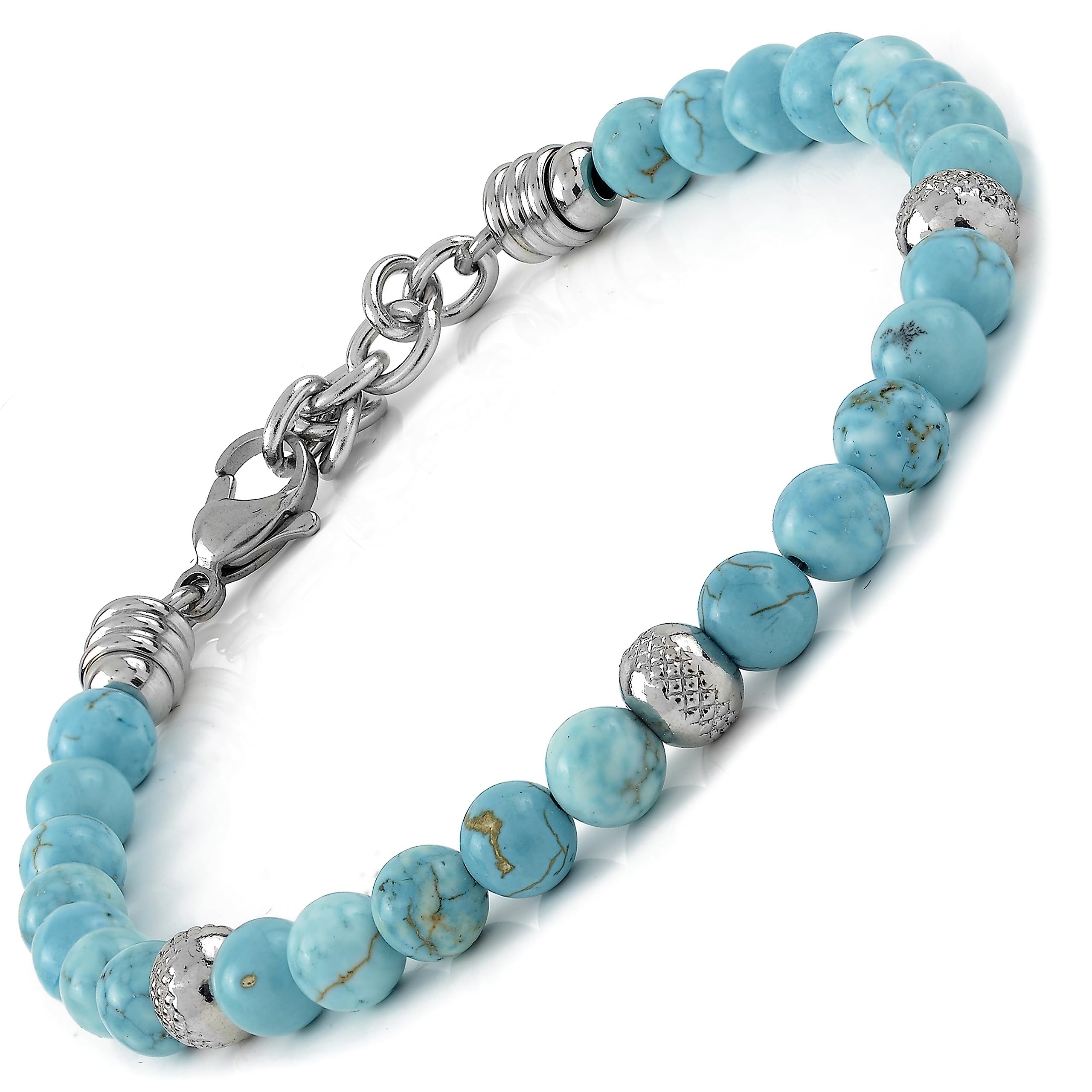 10:10 Jewels Men's and Women's Bracelet with 0,25 inch Natural Turquoise Howlite Stones, Male or Female Bracelet with Diamond Beads in Stainless Steel and Very Resistant, Made in Italy