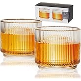 Viski Meridian Crystal Lowball Tumblers, Art Deco Whiskey Glasses, Crystal Scotch Glasses, Old Fashioned Glasses, Ribbed Glassware 12oz Set of 2