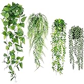 SHENLIU Artificial Hanging Plants for Shelf, 4 Pack Fake Potted Greenery Plant Faux Eucalyptus Vine String of Pearls Boston Fern Ivy Vine Leaves for Living Room Bedroom Boho Wall Shelf Indoor Outdoor