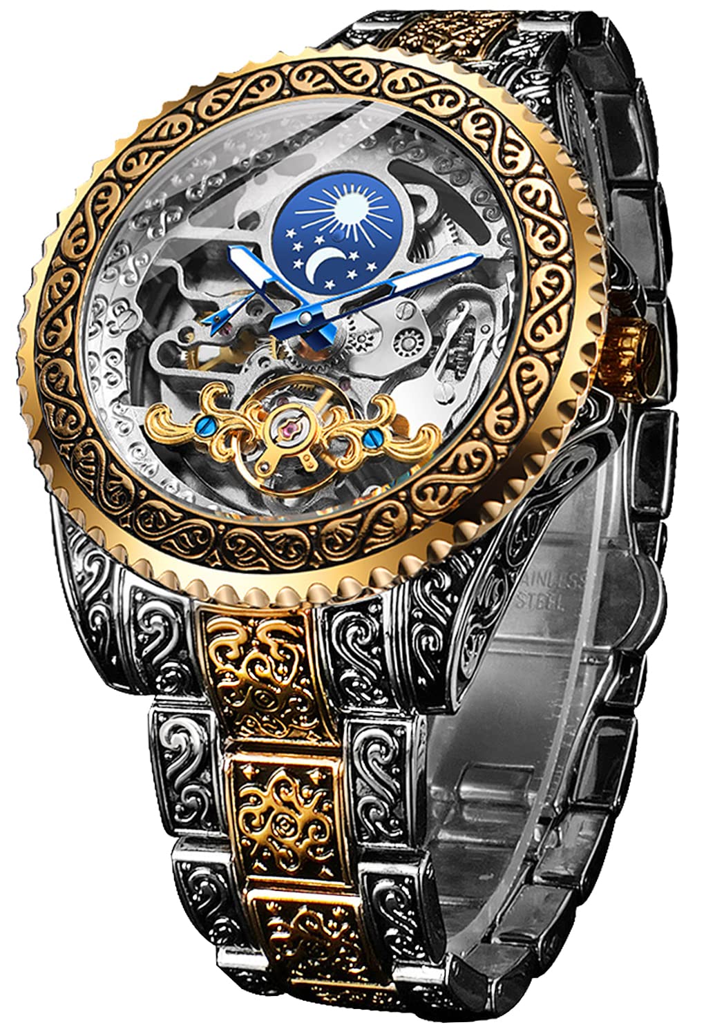 FORSINING Retro Watch for Men Carved Self-Wind Mechanical Tattoo Tourbillon Moon Phase Independent Seconds Skeleton Automatic Big Dial Wrist Watches,Gold