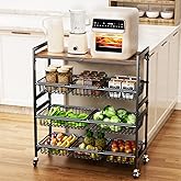 Cinati 4-Tier Utility Kitchen Cart with Wood Top, 29" W Kitchen Storage Cart with 8 Baskets & Handle, Metal Snack Cart with Wheels, Adjustable Pantry Organizer and Storage Cart for Fruit, Vegetables