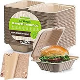 Clamshell Take Out Food Containers with Oil Paper, 6x6" 50-Pack Heavy-Duty Quality to go Containers, Natural Disposable Bagas