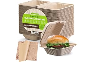 Clamshell Take Out Food Containers with Oil Paper, 6x6" 50-Pack Heavy-Duty Quality to go Containers, Natural Disposable Bagas
