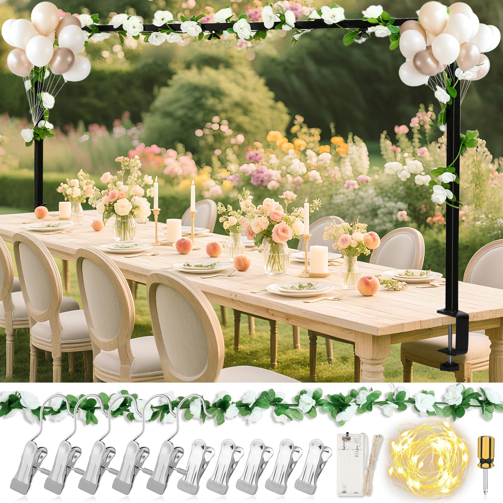 Photo 1 of Over The Table Rod Stand with Clamps - Adjustable 31"-47" Tall 29"-104" Length Metal Table Arch Stand with Decorative Flower Vine for Wedding Birthday Party Halloween Christmas Decorations (Black)