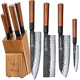 FAMCüTE Japanese Knife Block Set, Hand Forged 5-Layer 9CR18MOV Clad Steel Ultra Sharp Kitchen Knives with Wooden Storage & Rosewood Handle, Includes Chef, Santoku, Nakiri, Fruit Knife for Home Mom/Dad