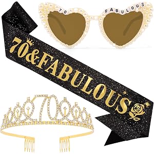 Vovii 70 & Fabulous Crown Sash with Sunglasses Set for Women Happy 70th Birthday Party Decorations Gifts Party Favors