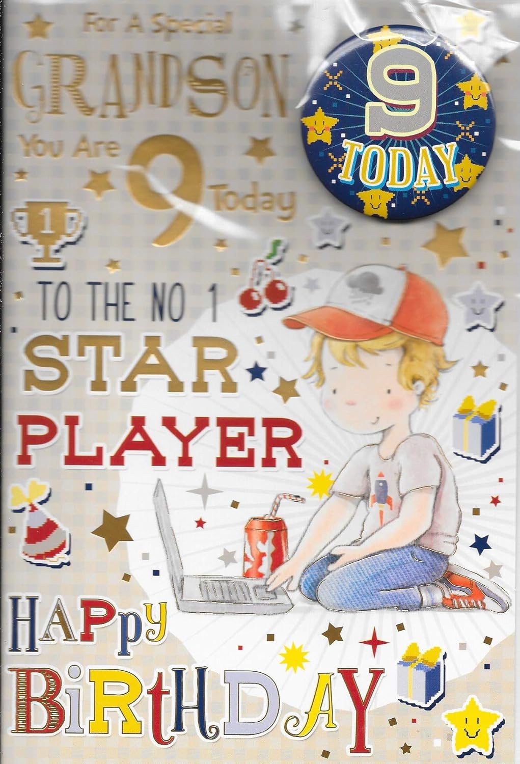 GRANDSON AGE 9 NINE BIRTHDAY CARD WITH BADGE**9 X 6 INCHES**1ST CLASS POST**AE8**, Red and Metallic