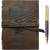 Leather Bound Journal for Men and Women, Handmade Patriotic Gift Set with USA Flag and Eagle Embossed Journal and Stylish Pen, Vintage Notebook, Sketchbook, Planner and Diary A5 (300 Pages) (7x5")