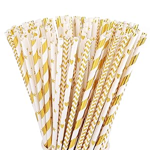 ALINK Biodegradable Gold Paper Straws Bulk, Pack of 100 Metallic Foil Striped/Wave/Heart/Star Straws for Birthday, Wedding, Bridal/Baby Shower, Celebrations and Party Supplies