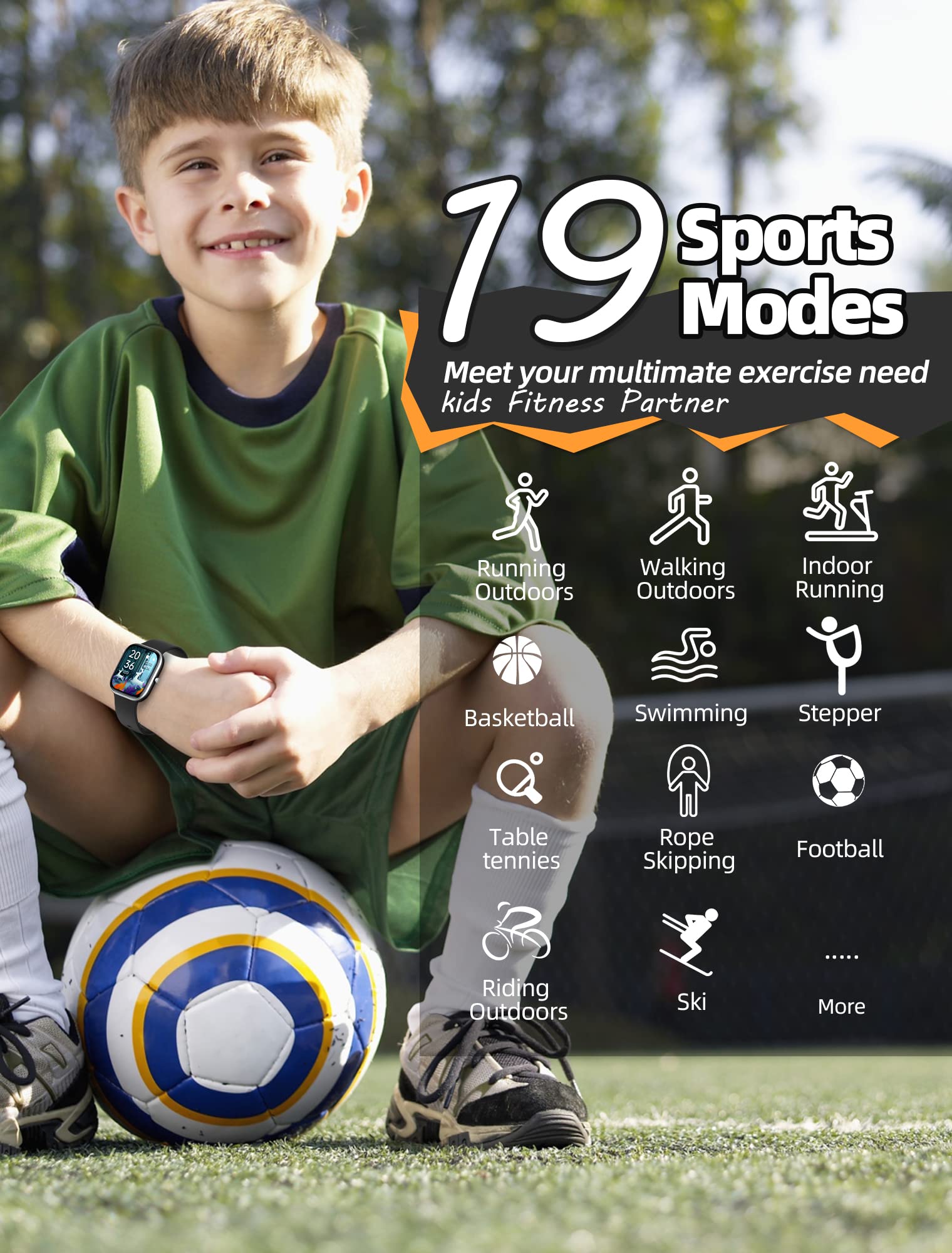 Slothcloud Kids Smart Watch for Boys Girls,IP68 Waterproof Fitness Activity Tracker Watch,Heart Rate Sleep Monitor,8 Sport Modes,Pedometers,Calories Counter,Alarm Clock,Kids Gifts Teens 5+ (Black)