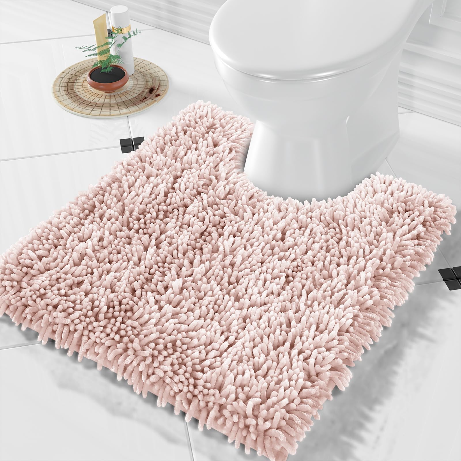 Photo 1 of Yimobra Toilet Rugs U Shaped Washable, Soft Comfortable Toilet Mat for Bathroom Floor, Non-Slip Contour Bathroom Rugs for Toilet, Fluffy, Thick, Dry Quickly Absorbent Water, 24.4 x 20.4, Pink