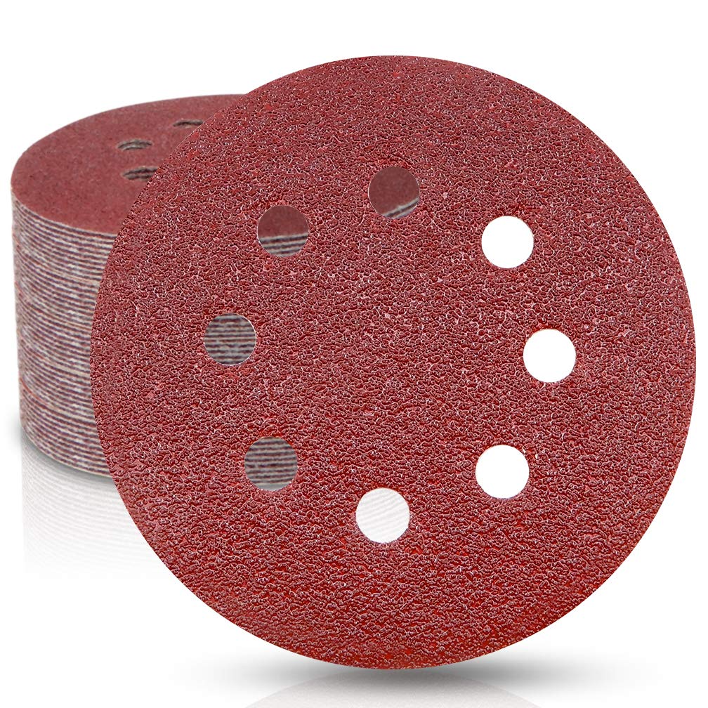 50 Pieces WooZuu 8 Holes Sanding Discs Pads 60 Grit 5 Inch Hook and Loop Sandpaper Assortment for Random Orbital Sander