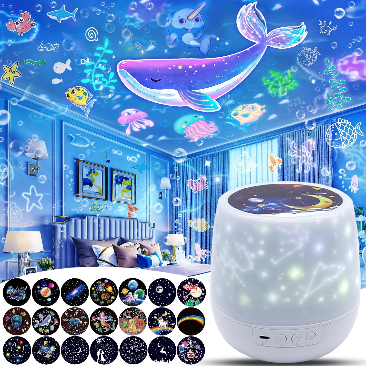 21種類投影フィルム プラネタリウム 家庭用 子供 人気 本格的 クジラ 太陽系 星座 月下の鹿 海の世界 イルカ 人魚 キッズ ナイトライト ベッドサイドランプ 授乳ライト 360度回転 光色変換 輝度調整 誕生日 クリスマス プレゼント商品画像
