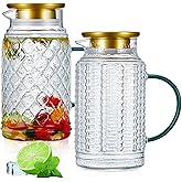 Hsei 2 Pack Glass Pitcher with Lid,68 Oz/2l Vintage Water Pitcher, Large Retro Clear Borosilicate Glass Water Carafe for Cold Brew, Lemonade, Iced Tea, Coffee, Beverage, Heat Resistant Jug