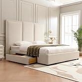 YUHUASHI King Storage Drawers Bed with 64" Upholstered Headboard，Beige | King bed frame/2 side drawers with wheels/wood slat support/no box spring needed/Simple and Airy Linen Upholstered Bed