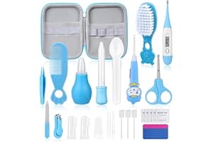 28Pcs Baby Healthcare and Grooming Kit modacraft Baby Safety Set with Hair Brush Lighting Ear Cleaner Nail Clippers Scale Measuring Spoon for Nursery Newborn Baby Girls Boys Kids Blue