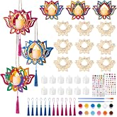 12 Pack Diwali Lotus Lantern Craft Kit, DIY Wooden Flower with LED Candles | Wooden Lotus Lanterns, LED Candles, Navratri Diwali Crafts, Indian Party Return Favors, Temple Decor, Diwali Craft Kit