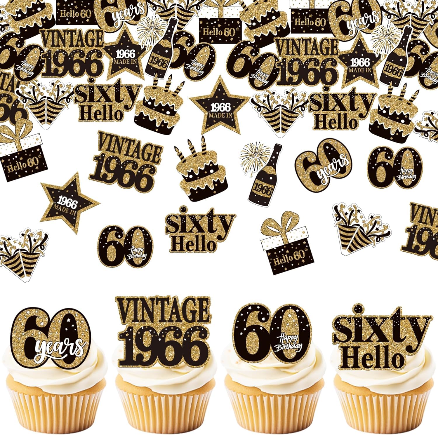 SYKYCTCY 63 Pack Edible Happy 60th Birthday Cupcake Toppers Glitter Sixty Vintage 1966 Cupcake Picks Cheers to 60 Years Cupcake Picks for Happy 60th Birthday Party Cake Decor Supplies