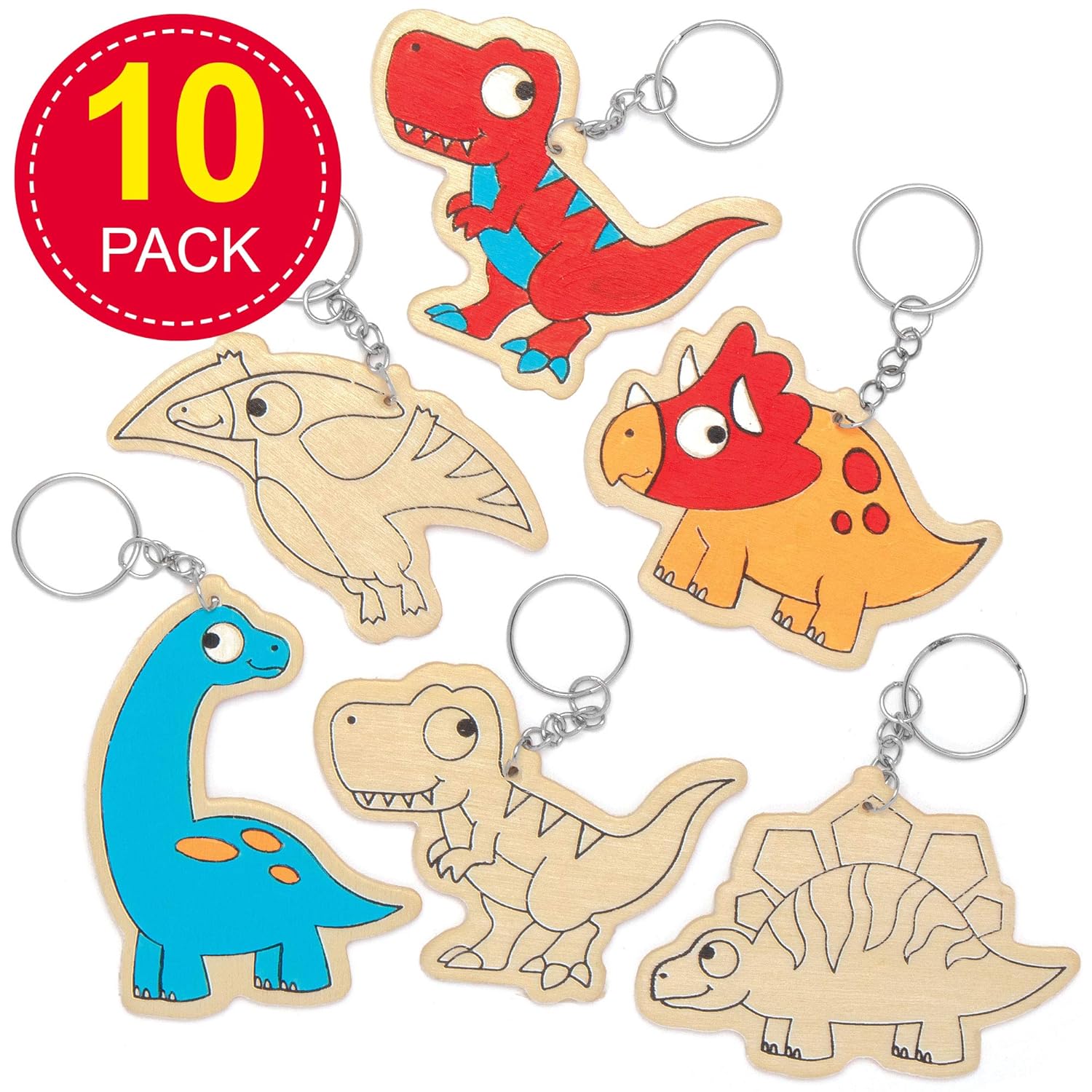 Baker Ross AT671 Dinosaur Wooden Keyrings - Pack of 10, for Kids to Make and Display in Arts and Crafts, Medium - Image 3