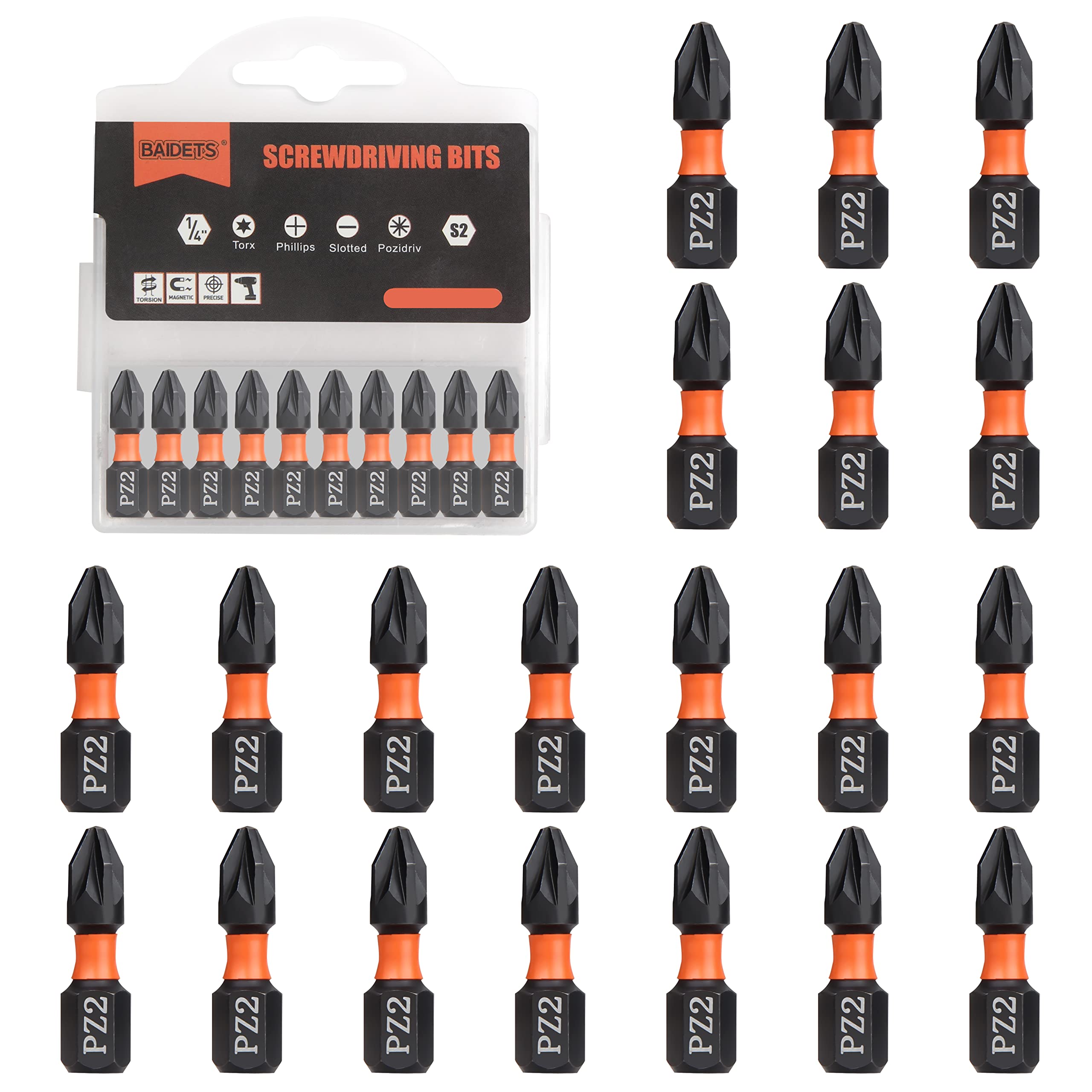 BAIDETS Pro PZ2 Bit Assortment - Screwdriver Bits Set 20Pcs, 25mm Length, Pozi Screwdriver Bit, 1/4 Inch Hex Shank, with Storage Box — image 1