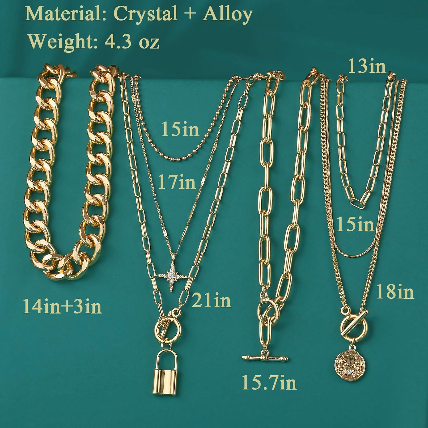 4PCS Gold Layered Chain Necklace set for Women Girls Boho Choker with Lock Coin Pendant Dainty Initial Necklaces Chunky Curb Link Paperclip Jewelry for Gift: Clothing