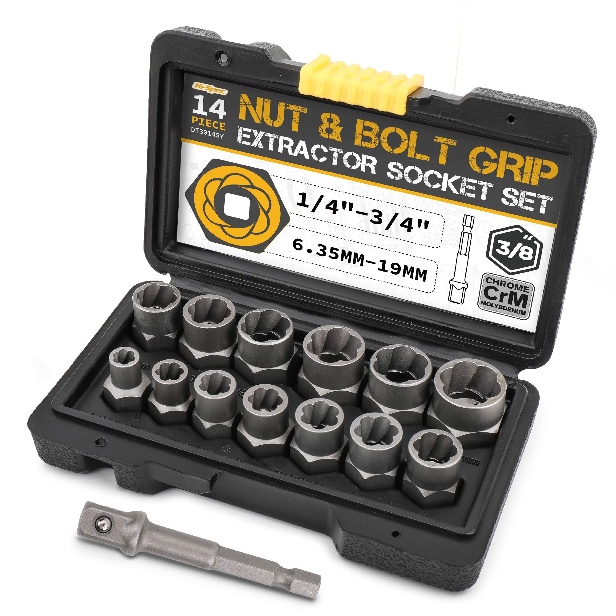 Hi-Spec 14pc Nut & Bolt Extractor Set – Bolt Extractor Socket Set for Broken, Stripped & Stuck Fasteners, Head Sizes 6.35-19mm / 1/4-3/4, Essential Repair Tools