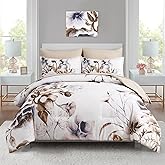 Luxudecor Floral Comforter Set King Size 7 Piece, Beige Flower Bed in a Bag, Elegant Comforter Bedding Set for All Season (Beige, 104"x90")