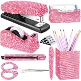 Demissle Pink 7 Pcs Bling Desk Accessories Set Office Kit for Women | Sparkling Rhinestone Finish, Multi-functional Storage, Ideal Gift for Women, Fits Office Vanity, Practical Desktop Stationery