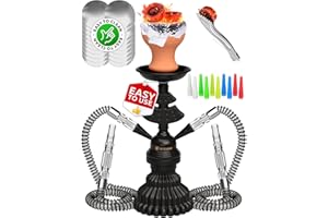 TRICASE Portable Hookah set with everything - Black Hookah Set 2 Hose Hookahs – LilOne 12” Black Mini Hookah 2 Hose Hookah Set with 50x Foil Sheets, Clay Bowl 10x Disposable Tips and Sisha Tongs