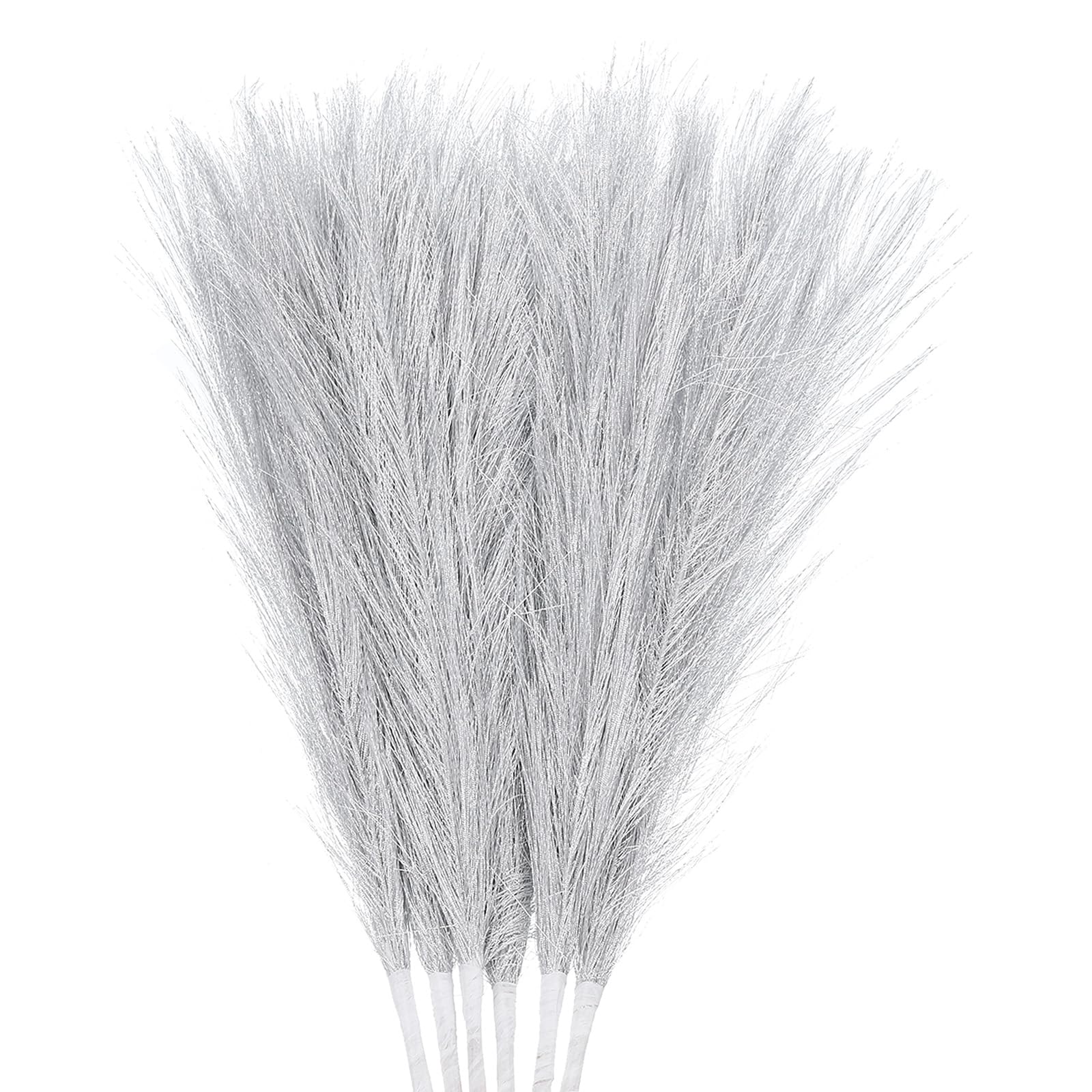 Uxcell 3Pcs Pampas Faux Grass Small 45cm/17.7" Fake Fluffy Pampas Artificial Grass 7 Branches Artificial Vase Filler for Home Office Vase Wedding Decoration Silver