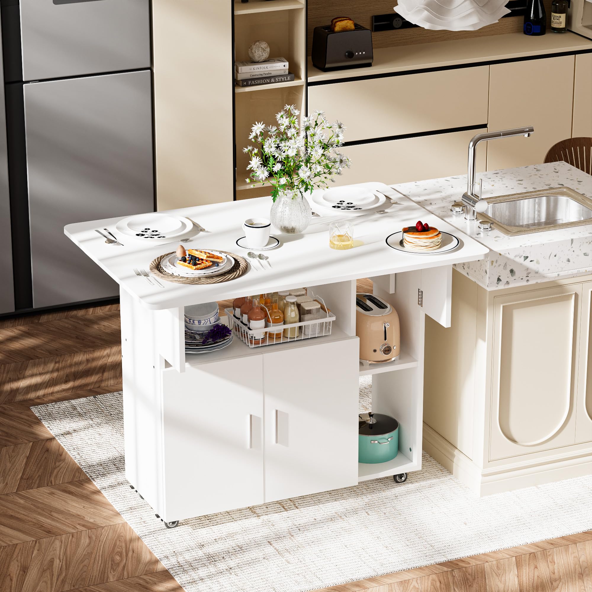 Ztexkee Mobiler Klapptisch Klappbarer Esstisch auf Rädern Klapptisch mit 1 großen Schrank und 3 offenen Fach Sideboard Mobiler Esstisch für kleine Räume Esszimmer Küche 100 x 70 x 79 cm Weiß 9