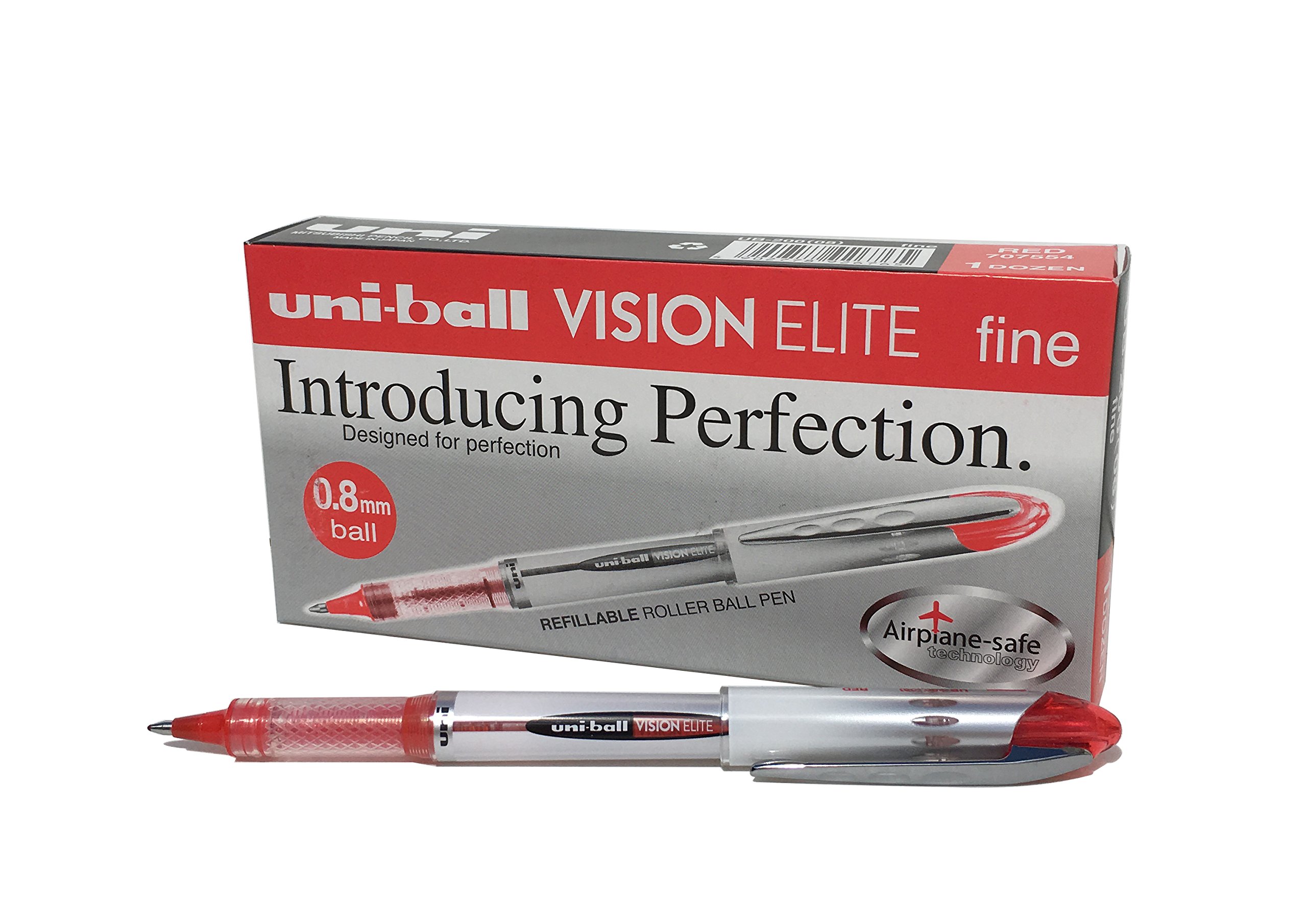 uni-ball UB-200 Vision Elite Rollerball Pens. Premium Medium 0.8mm Ballpoint Tip for Super Smooth Handwriting, Drawing, Art, and Colouring. Fade and Water Resistant Liquid Uni Super Ink. Box of 12 Red