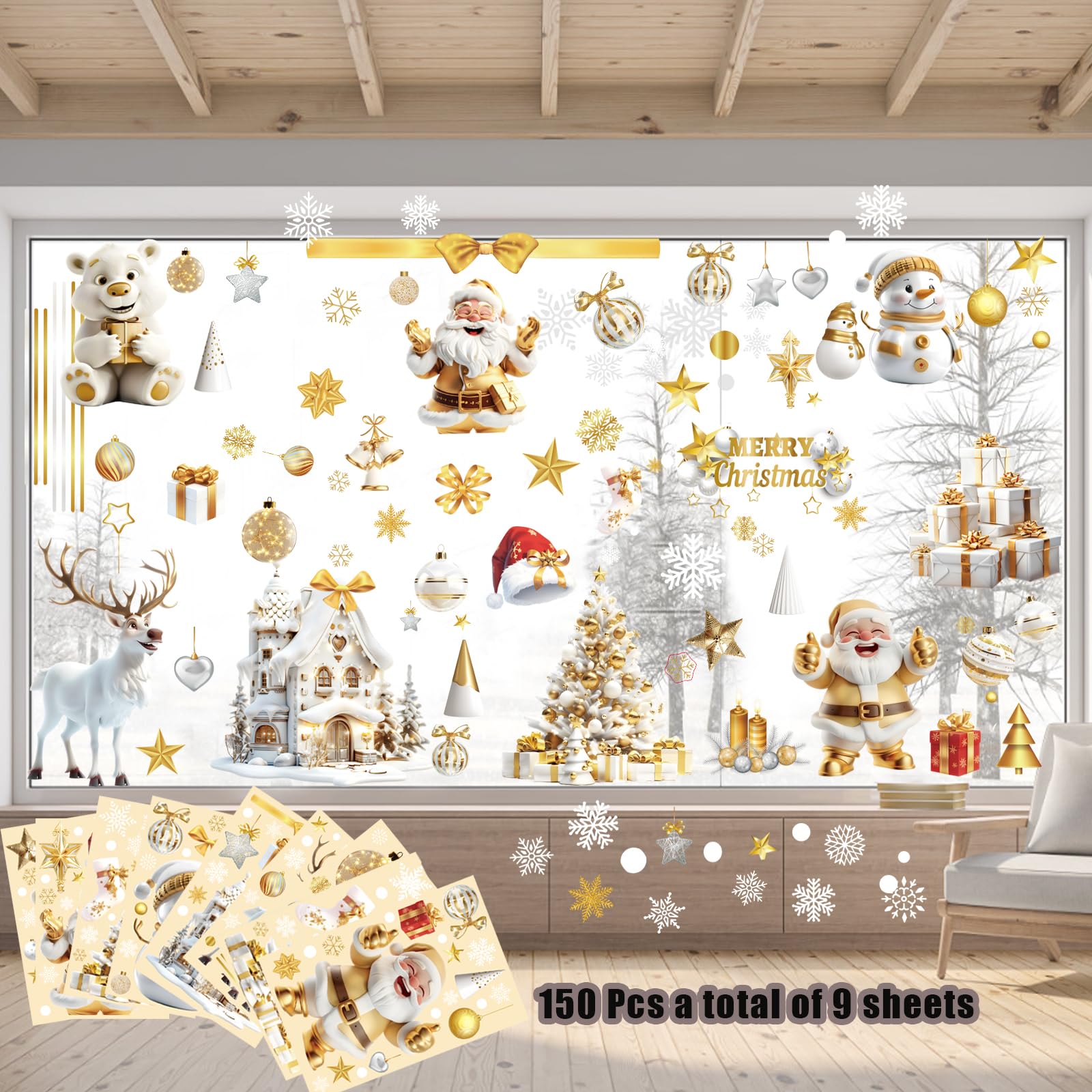 150 Pcs A Total of 9 Sheets Christmas Window Stickers Christmas Decorations for Windows Double 3D Large Christmas Window Sticker with Santa Claus Snowman Reindeer Snowflakes for Windows Christmas