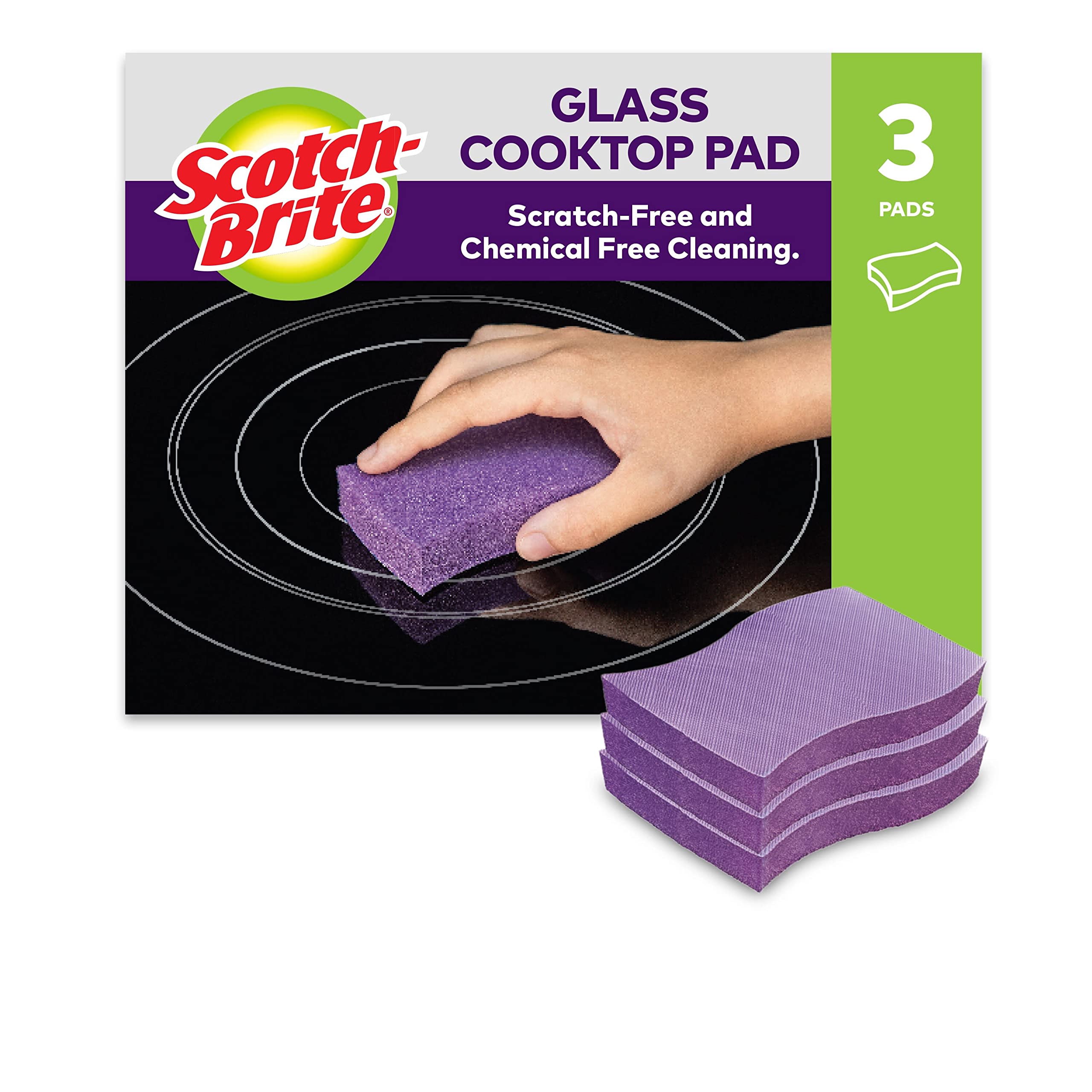 Scotch-Brite Glass Cooktop Pads, 3 Pieces per Pack - Cleans with Just Water, for Glass Stovetops, Tackles Burnt-On Messes, Purple
